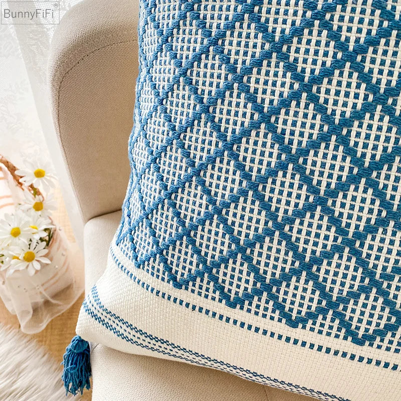 Afralia™ Blue Diamond Jacquard Tassel Cushion Cover 45x45cm