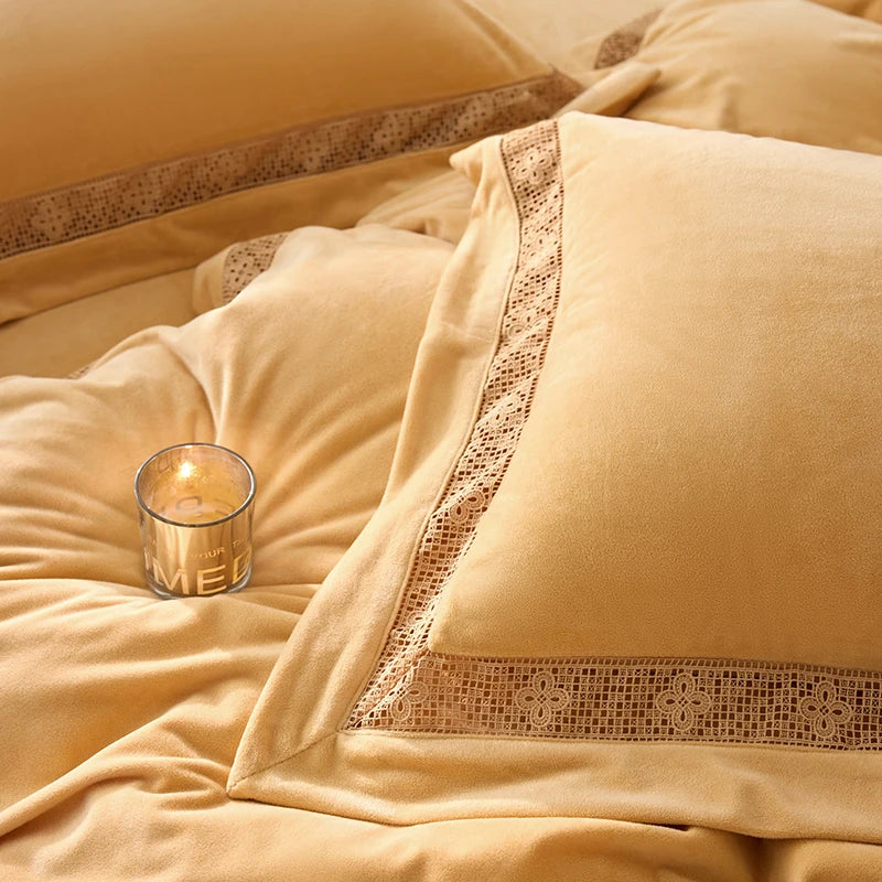 Luxury Gold Velvet Lace Duvet Bedding Set by Afralia™, Cozy Furry Winter Collection