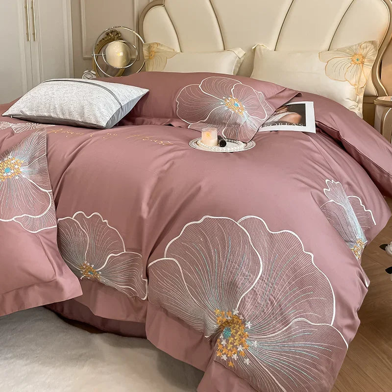 Afralia™ Embroidered Egyptian Cotton Bedding Set for King Queen RU Bed Linens