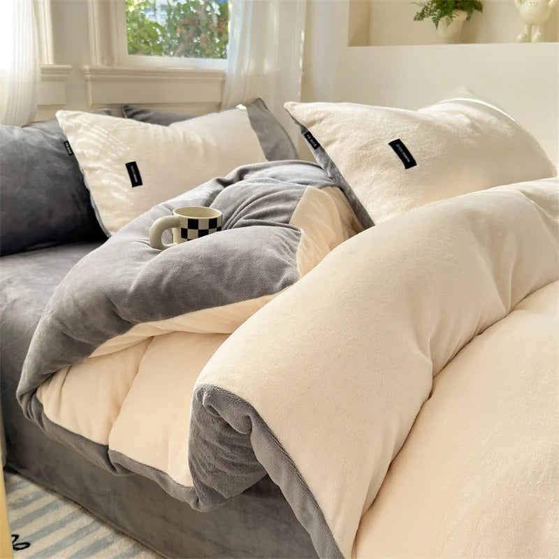 Afralia™ Coral Color Blocked Velvet Single Duvet Cover for Winter