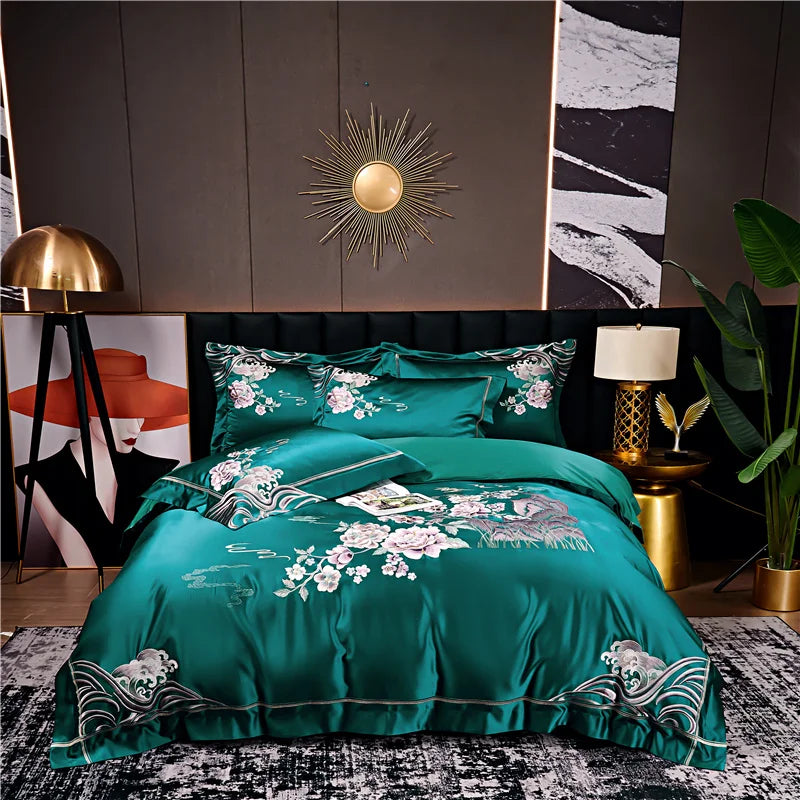 Afralia™ Peony Flowers Embroidery Bedding Set - Luxury Chinese Style - Duvet Cover & Sheets