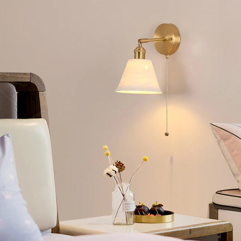 Afralia™ Copper LED Wall Light Pull Chain Switch Modern Ceramic Bedside Lamp