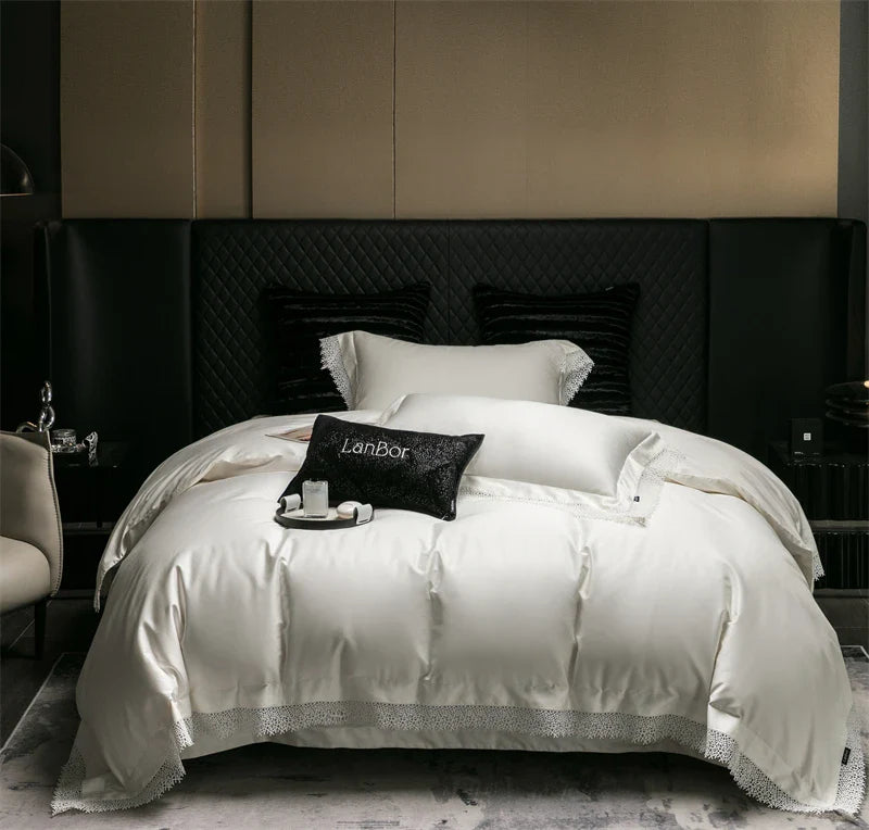Afralia™ French Lace Edge Bedding Set, 1000TC Egyptian Cotton, Queen King, Duvet, Sheet, Pillowcases