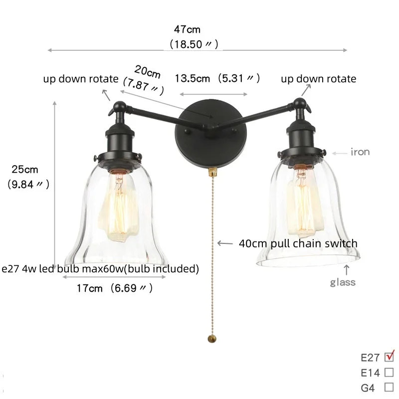 Afralia™ Black LED Wall Lamp Sconce Industrial Loft Vintage Bathroom Mirror Light