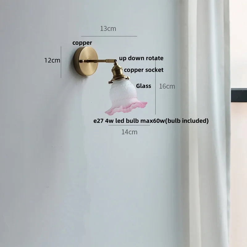 Afralia™ Flower Glass LED Wall Light Fixture Up Down Rotate Copper Bedside Lamp