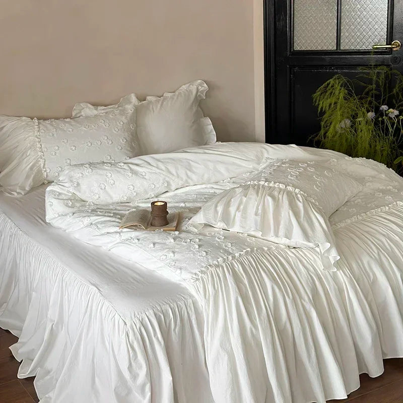 Afralia™ Pleat Cotton Bedding Set White King Queen Twin Double Duvet Cover