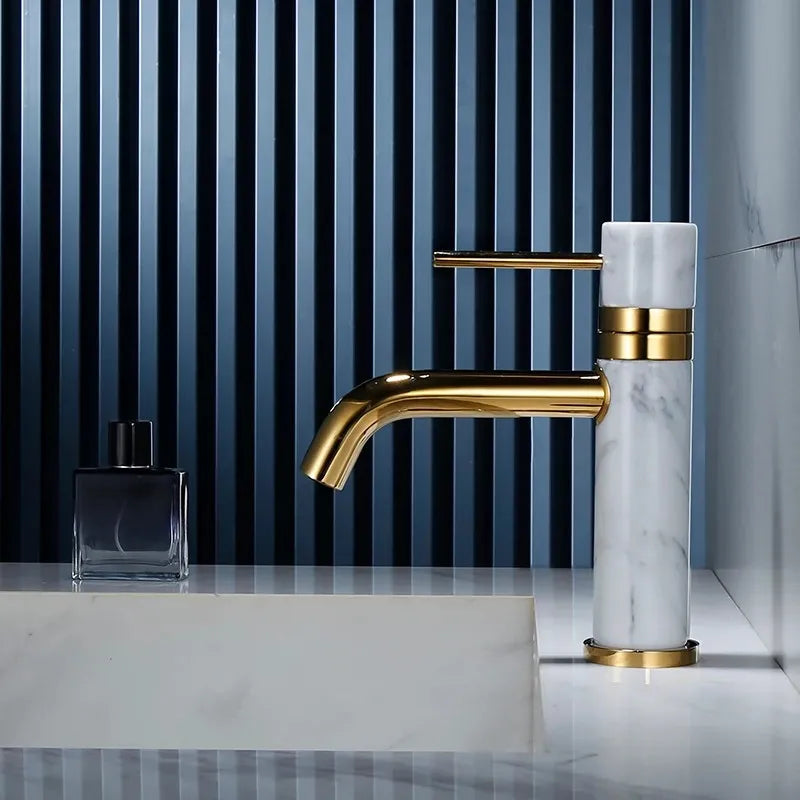 Afralia™ Brushed Gold Bathroom Faucet with Swivel Spout and Marble Accents