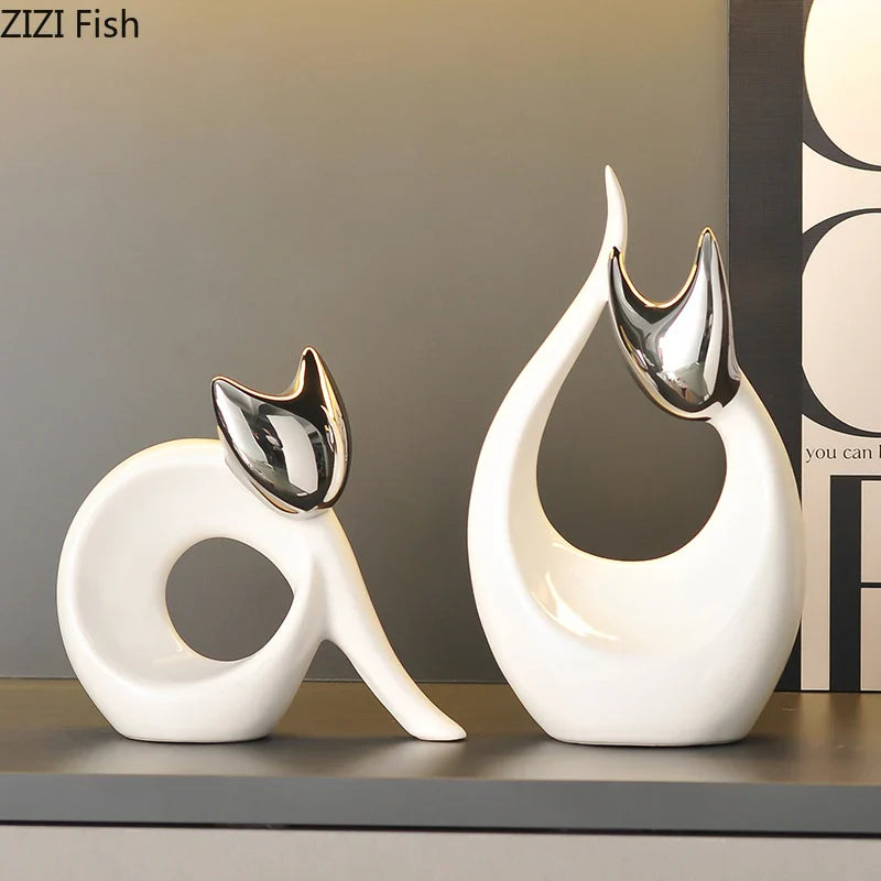 Afralia™ Ceramic Kitten Statue White Cat Sculpture Room Decor Aesthetics