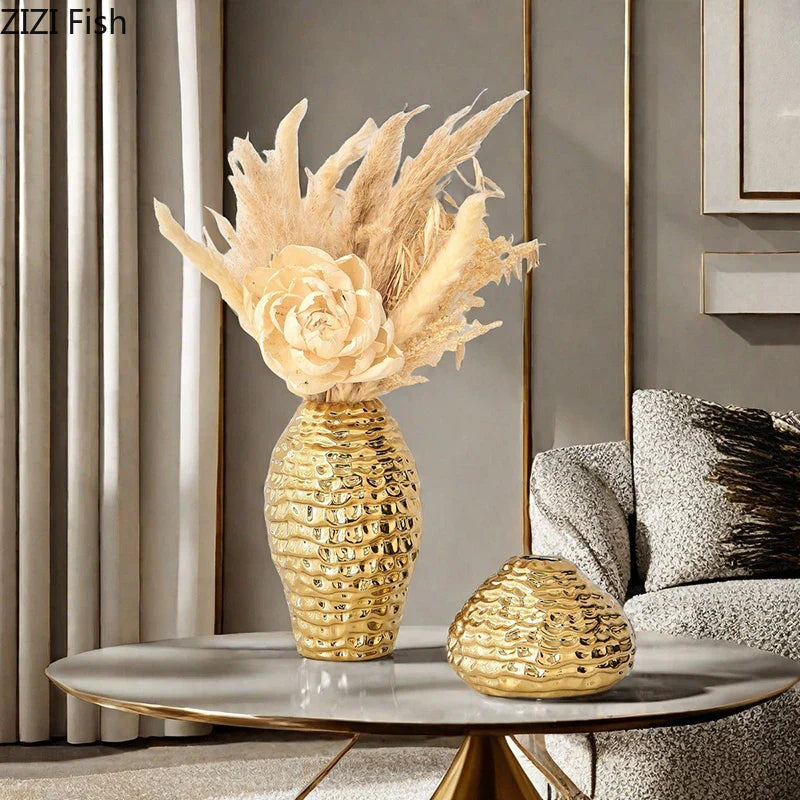 Afralia™ Golden Wrinkle Ceramic Vase - Desk Decoration, Gold-plated Floral Pots for Aesthetic Room Decor