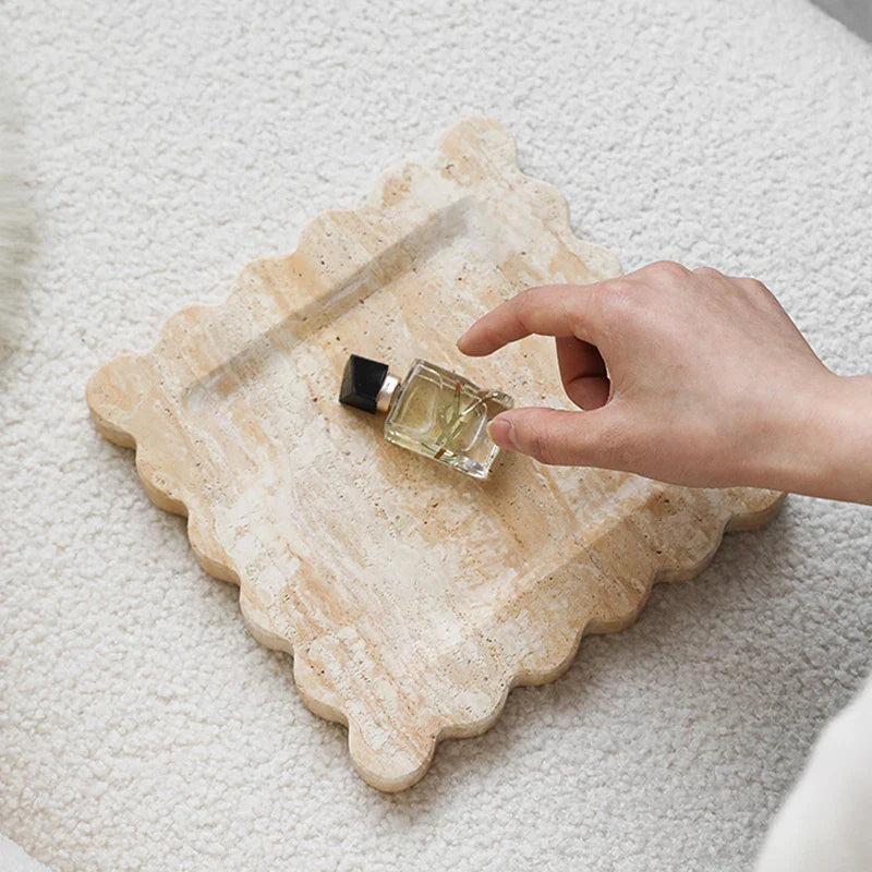 Afralia™ Travertine Scalloped Edge Vanity Tray for Bathroom Kitchen Home Decor