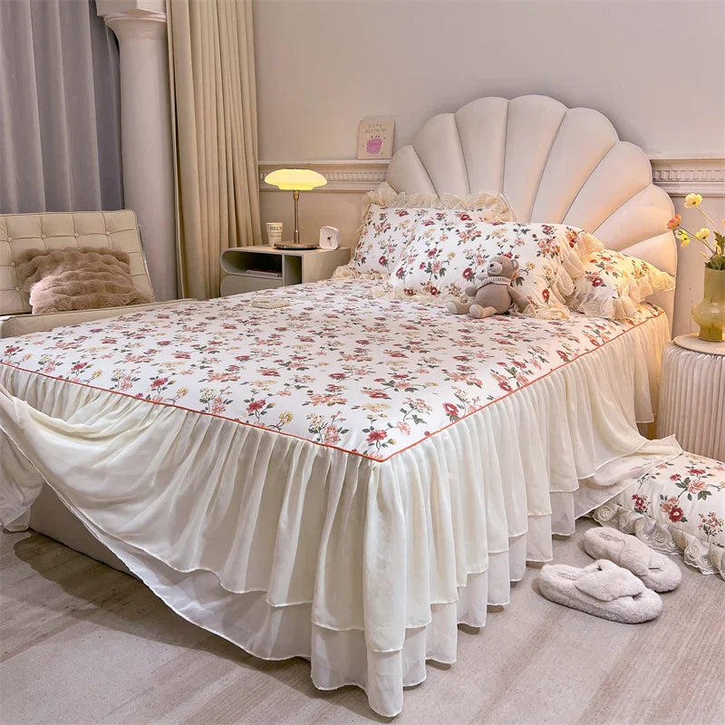 Afralia™ Princess Lace Ruffles Floral Bedding Set with Duvet Cover and Bed Skirt