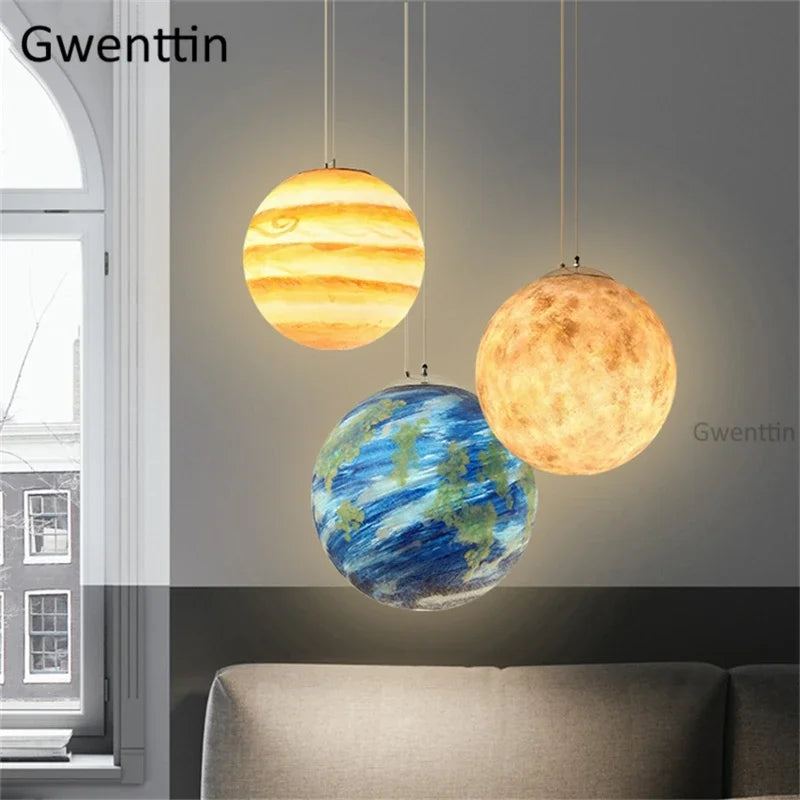 Afralia™ Moon Resin Ball Planet Pendant Light | Children Room Hanging Lamp