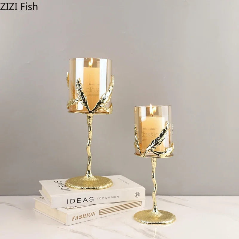 Afralia™ Golden Branches Candle Holders Metal Glass Candlestick Aroma Container