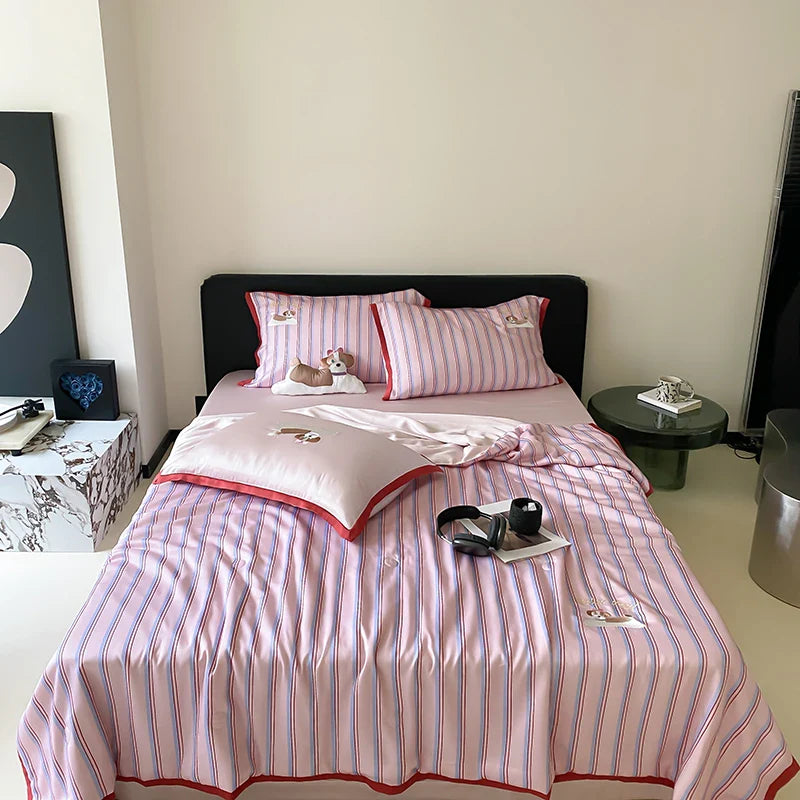 Afralia™ Cool Lyocell Fiber Striped Summer Blanket Set with Pillowcase