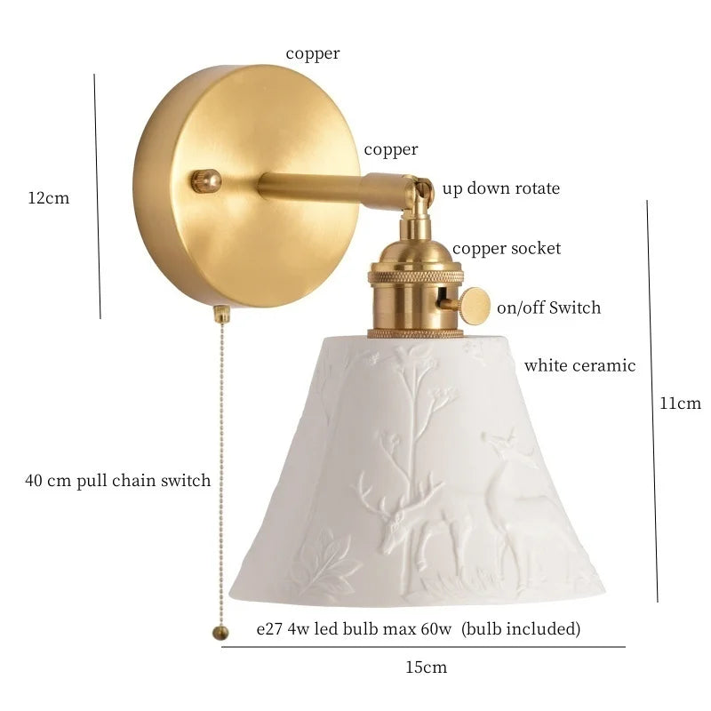 Afralia™ Ceramic LED Wall Sconce with Pull Chain for Bedroom, Living Room, or Bathroom
