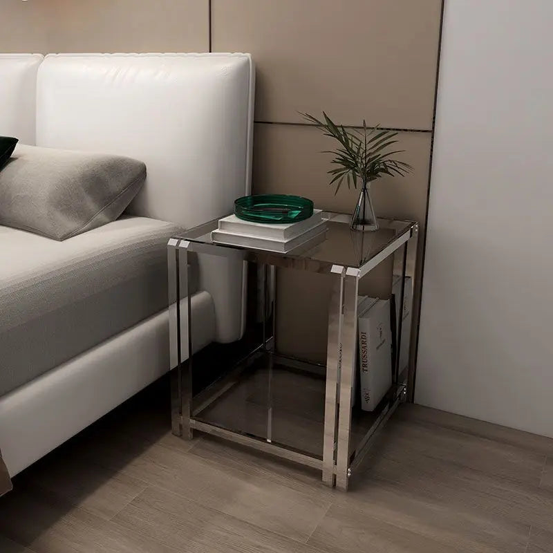 Afralia™ Stainless Steel Glass Coffee Table Sofa Side Light Luxury Modern Bedside Cabinet Small Coffee Table