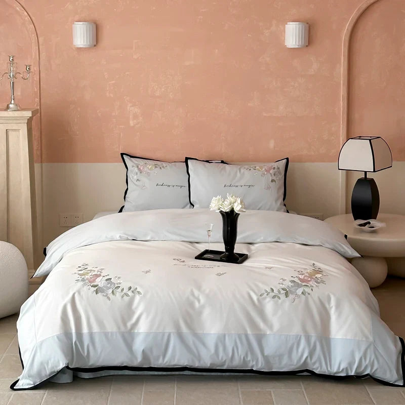 Afralia™ Pink Blue Flowers 4Pcs Princess Bedding Set Embroidered Duvet Cover Sheets