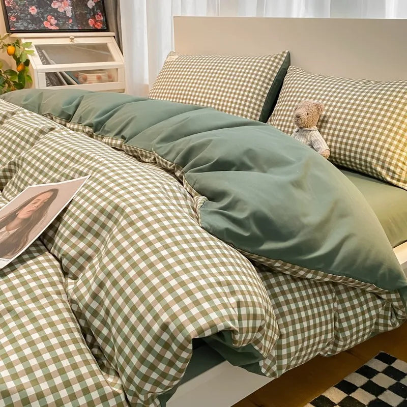 Afralia™ Japanese Grid Printed Cotton Bedding Set in Queen/King for Cozy Sleep