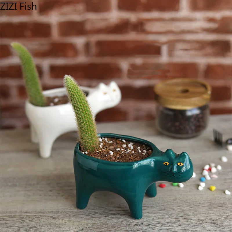 Afralia™ Ceramic Cat Flower Pots Vase Plant Pots Kitten Floral Vases