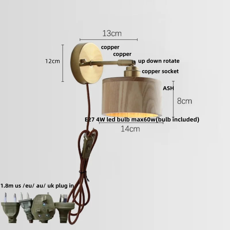 Afralia™ Copper Socket LED Wall Lights Pull Chain Switch Nordic Modern Rotate Bedside Lamp