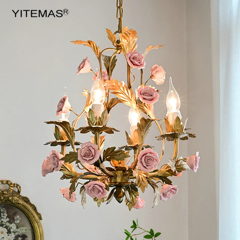 Afralia™ Pink Ceramic Flower Chandelier: Luxury Gold Princess Chandelier for Girls' Room