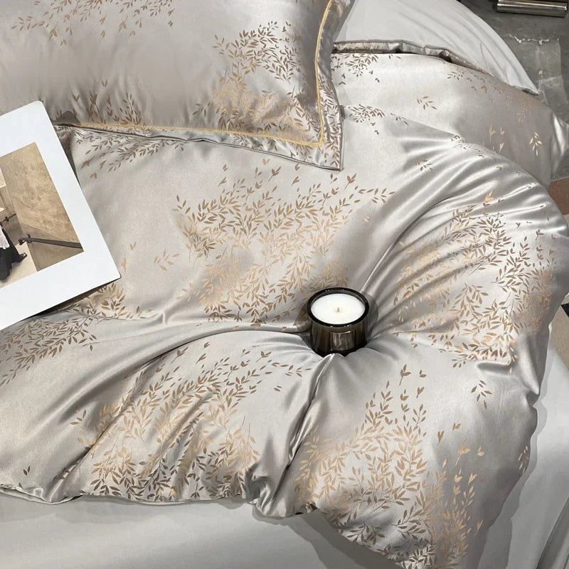 Afralia™ Silk-Cotton Jacquard Bedding Set in Nude, Single/Double Size Soft Bedclothes