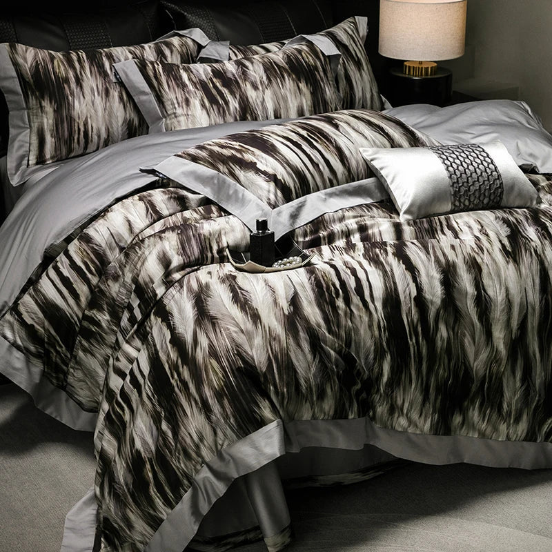 Afralia™ Feather Leopard Print Luxury 1000TC Egyptian Cotton Bedding Set