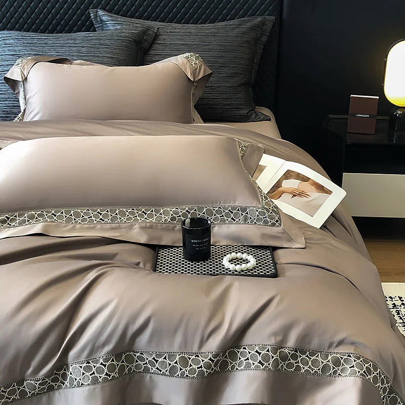 Afralia™ Brown Lace Embroidery Bedding Set, 4Pcs, 1200TC Egyptian Cotton