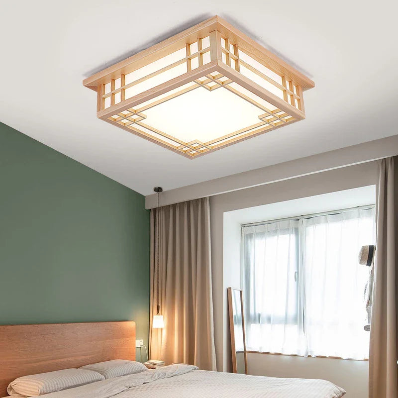 Afralia™ Solid Wood Ceiling Chandelier Light for Home Decor, LED Square Lamp for Living Room