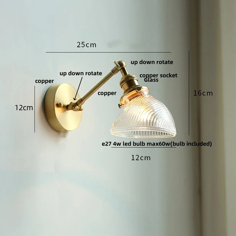 Afralia™ Vintage Brass Clear Glass Wall Lights Rotate Bedside Lamp for Restaurant Bedroom