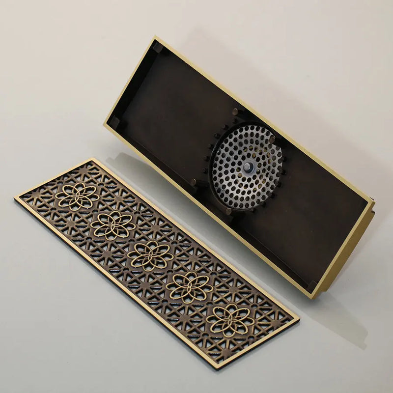 Afralia™ Antique Brass Rectangle Bathroom Floor Drain Strainer - Deodorization Linear Design