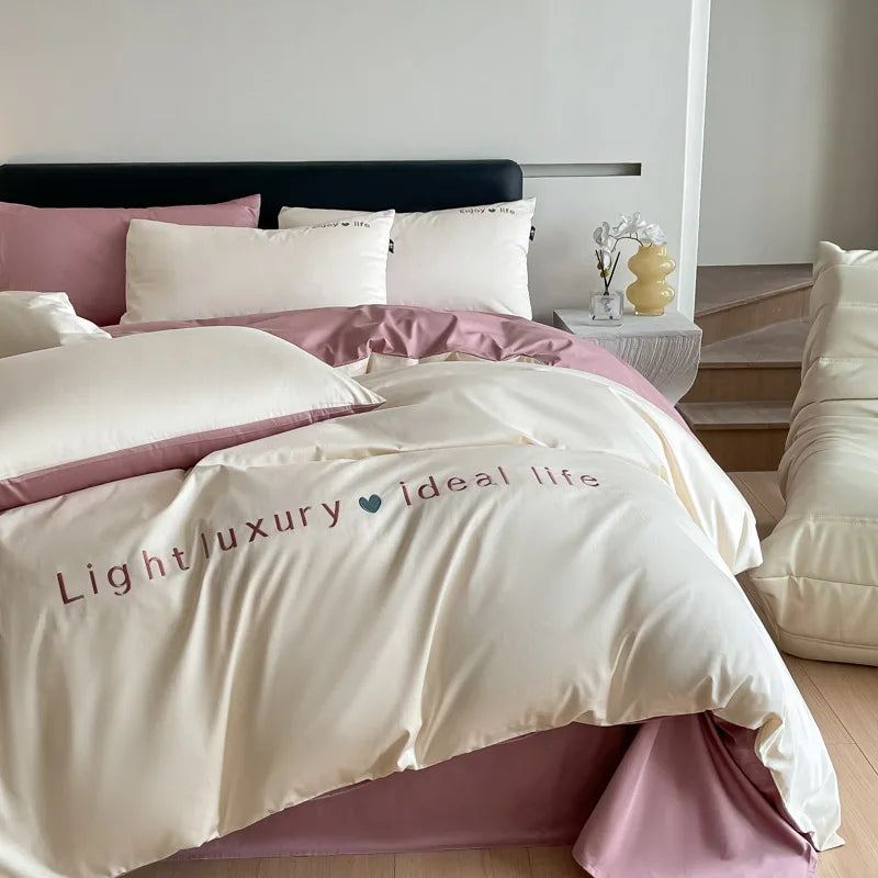 Afralia™ 120S Long Staple Cotton Satin Embroidery Bedding Set - Solid Color Twin Full Double Comforter