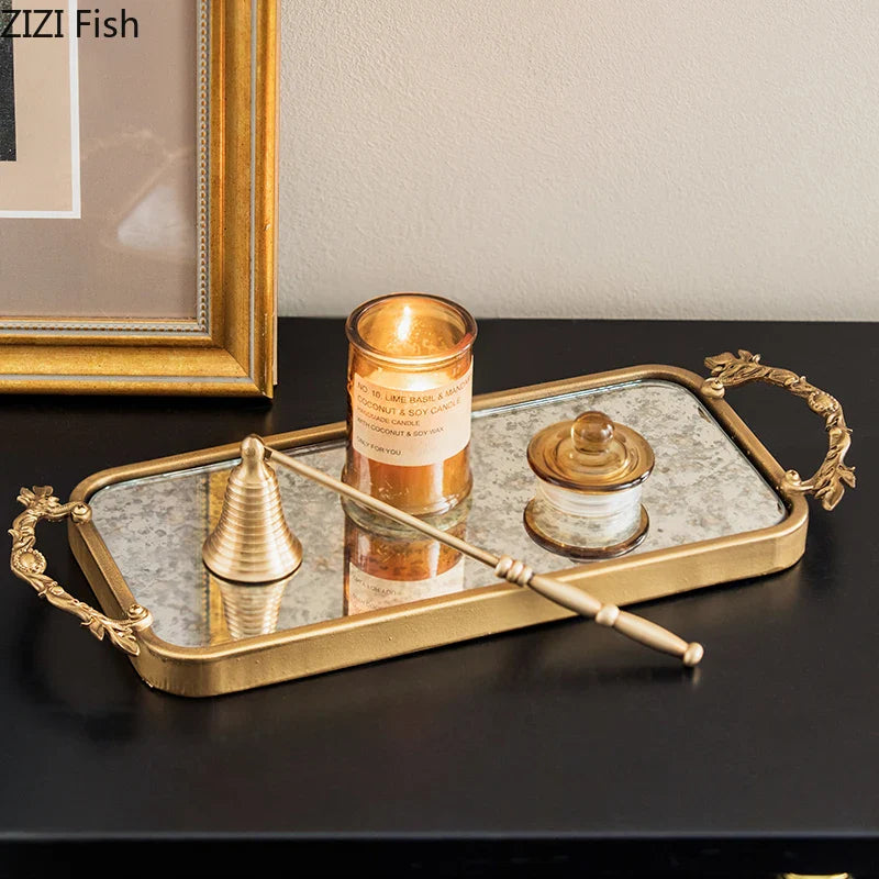 Afralia™ Golden Glass Tray Branch Storage Cosmetics Organizer Jewelry Display Plate