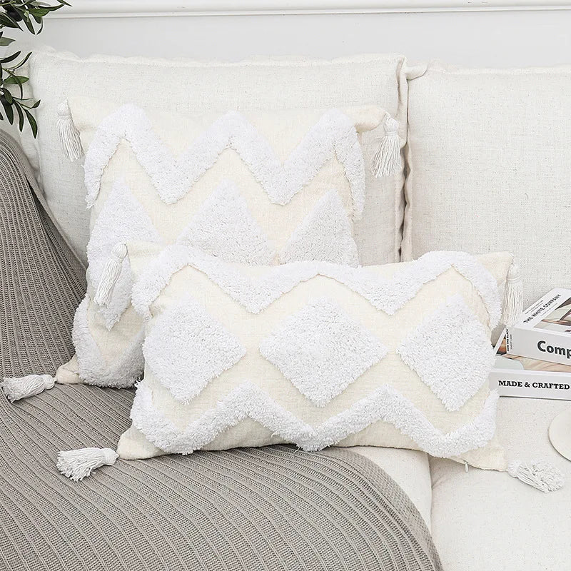 Afralia™ Bohemian Chenille Pillowcase Geometric Pattern Tufted Tassel Sofa Cushions