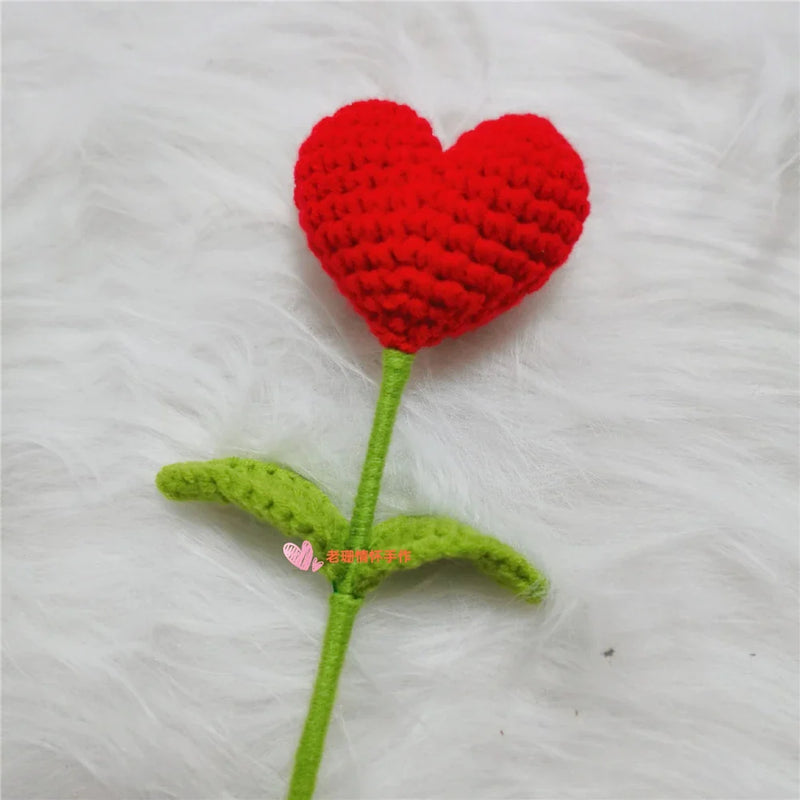 Afralia™ Hand Woven Love Heart Yarn Crochet Flower Bouquet with Green Leafy Branch