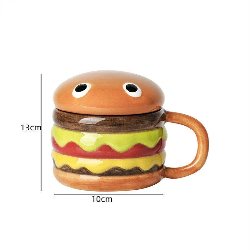 Afralia™ Ceramic Hamburger Coffee Cup with Lid, Cute Cartoon Children's Mug