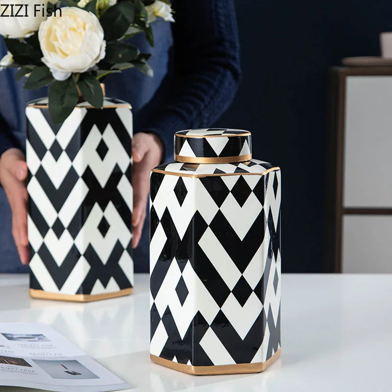 Afralia™ Striped Ceramic Storage Jar Household Vase Candy Container Modern Geometric Decoration