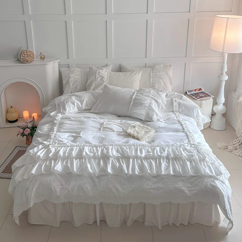 Afralia™ Korean Lace Ruffles Cotton Bedding Set - Sweet Girl Design