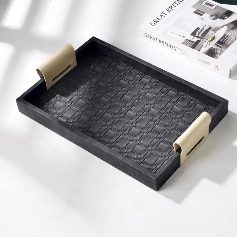 Afralia™ Woven Leather Storage Tray with Handle - Handmade Rectangle Jewelry & Dessert Display