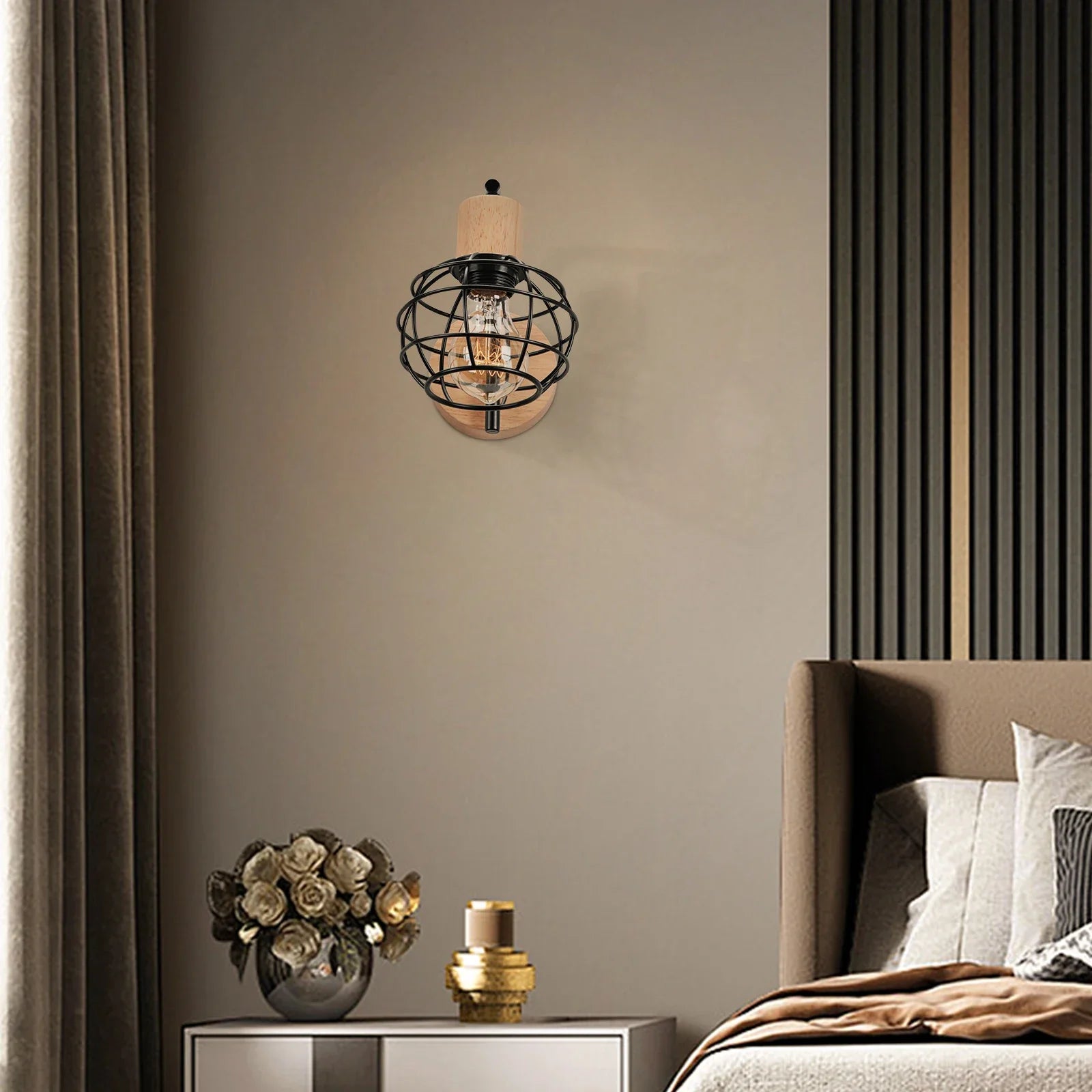 Afralia™ Iron Wood Wall Lamp Shade: Nordic Indoor Sconce for Bedroom, Living Room, Restaurant
