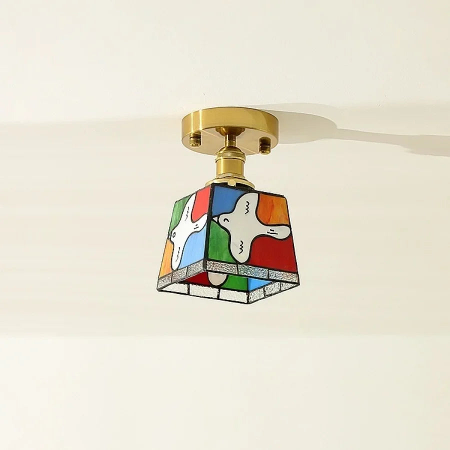 Afralia™ Tiffany Cube Glass LED Ceiling Lamp Copper Canopy Flush Mount Light