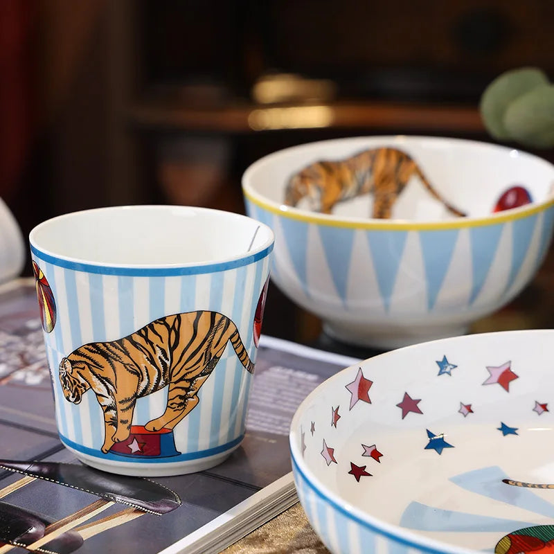 Afralia™ Circus Troup Kids Tableware Set - Plates, Bowls, Cup, Pot, Dish - Children's Gift