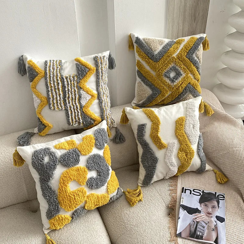 Afralia™ Yellow Geometric Tufted Sofa Pillow Cover - Bohemian Cushion Cover