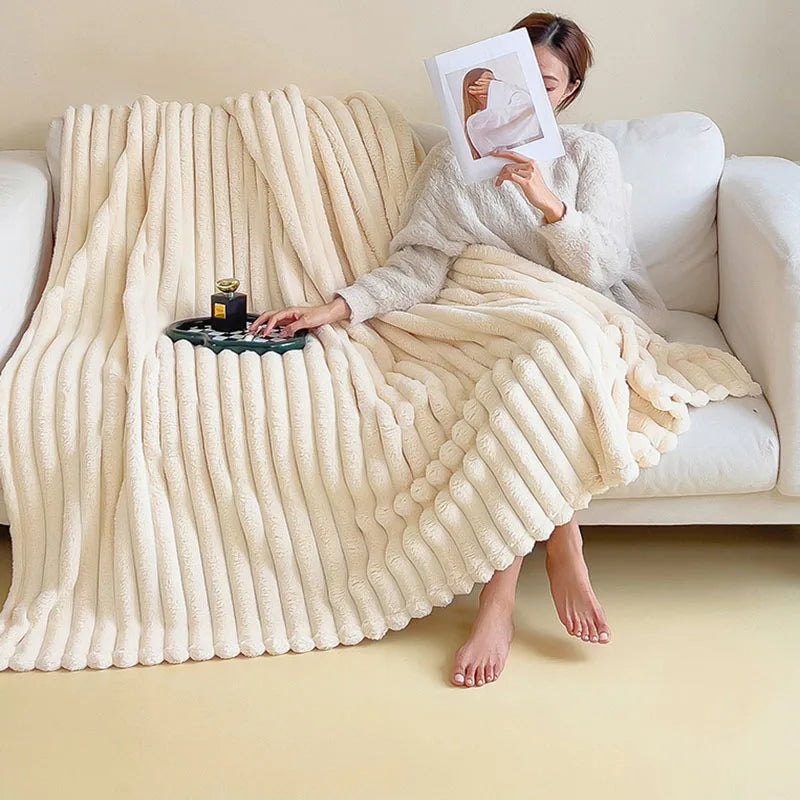 Afralia™ Faux Rabbit Plush Striped Blanket: Nordic Coral Velvet Carpet for Napping & Quilting.