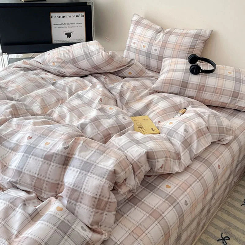 Afralia™ Natural Cotton Grid Duvet Cover - Twin Double Size