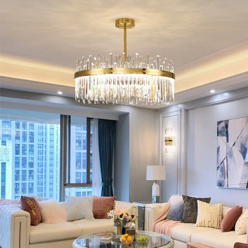 Afralia™ Gold Round Crystal Pendant Light Chandelier for Bedroom and Living Room