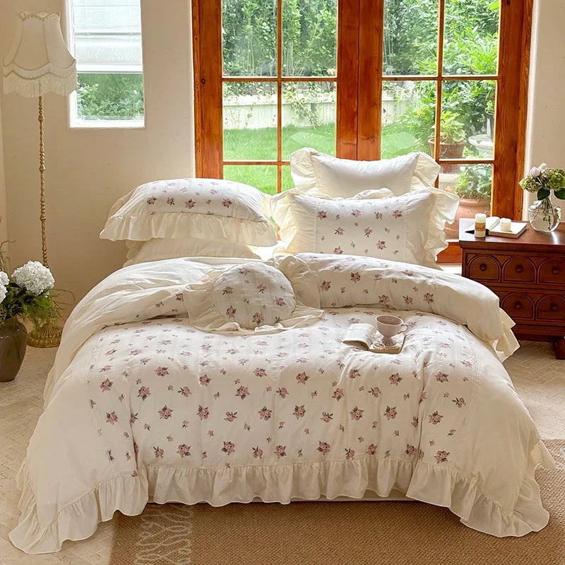 Afralia™ Vintage Floral Print Ruffled Bedding Set: Duvet Cover, Sheet, Pillowcases