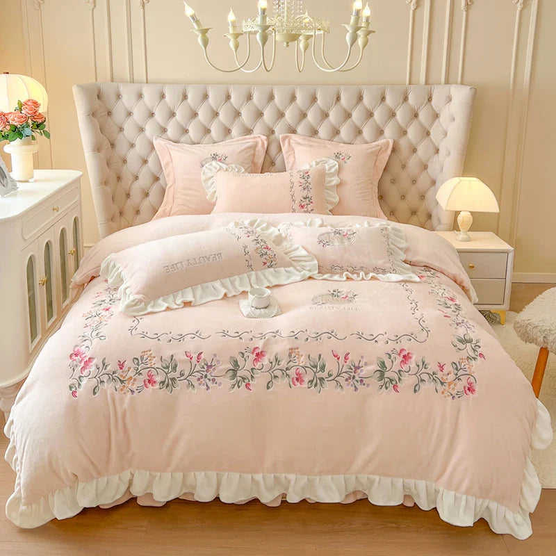 Afralia™ Pink Flowers Embroidery Princess Bedding Set - Velvet Material