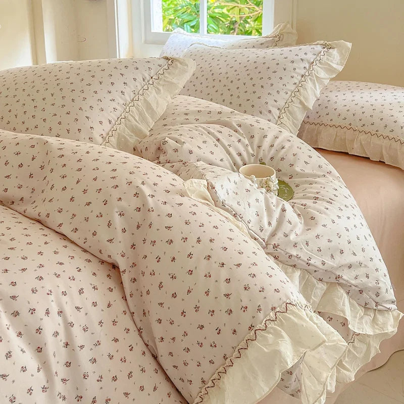 Afralia™ Floral Lace Ruffle Cotton Bedding Set with Quilt Cover, Duvet Cover, and Pillowcases