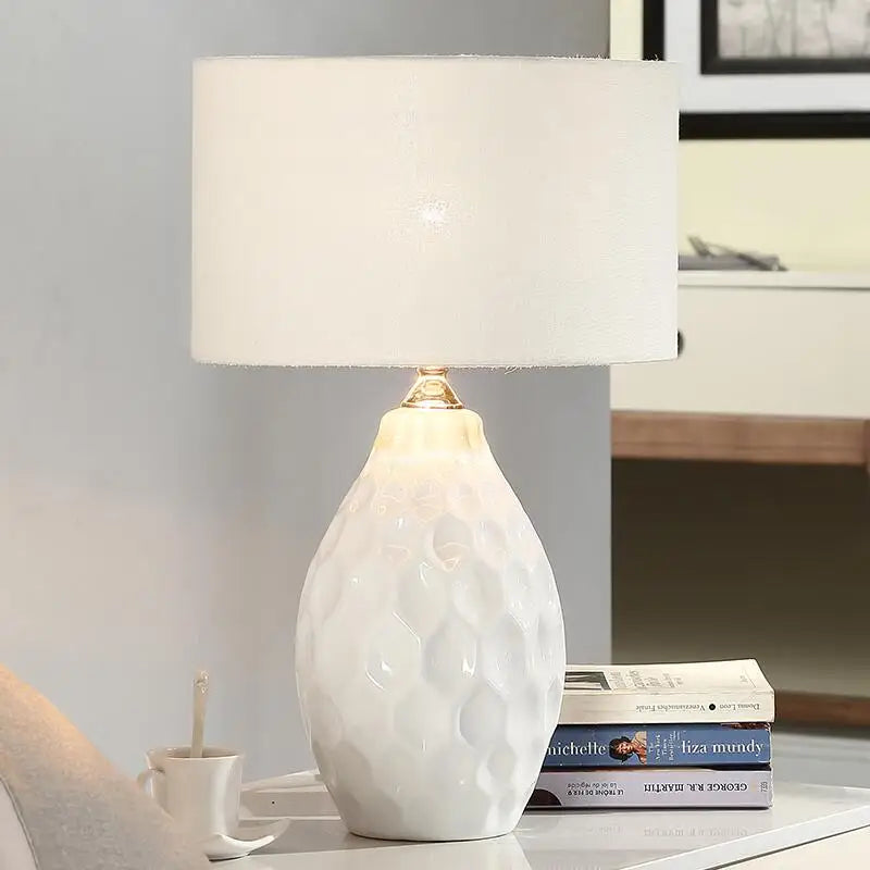 Afralia™ Modern White Ceramic Table Lamp with Remote Control and Fabric Shade